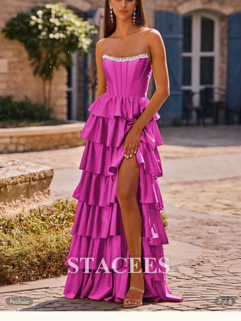 STACEES Hot Pink Corset Tiered Ruffle Prom Dress Size 8 NWT